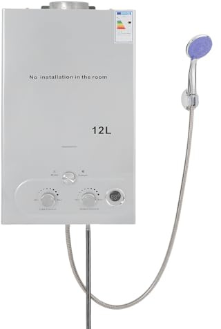 Gas-Durchlauferhitzer, sofortiger LPG-Durchlauferhitzer, ohne Tank, mit Duschset, hohe Effizienz, für Camping im Freien und VR-Dusche – Silber (12 l, 24 kW)