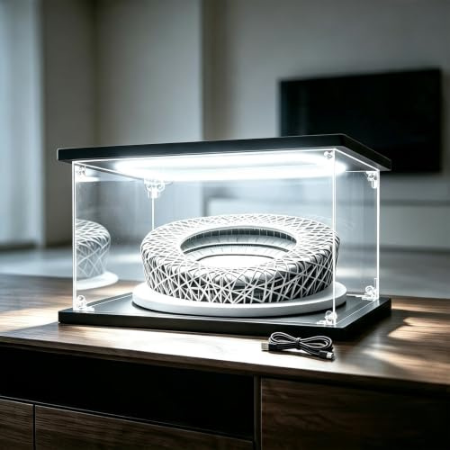 Vitrine Acrylique Boîte Acrylique Figurines Collection avec Éclairage LED | Vitrine Transparente avec Base et Porte en Plastique Noir, Bac en Verre Alternatif Personnalisable(45x20xH15cm/18x8x6in)