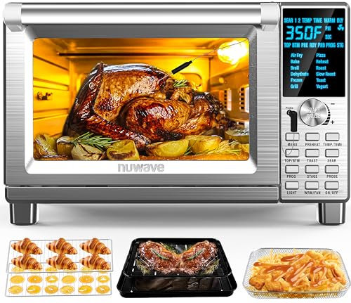 Nuwave Bravo Four intelligent pour friteuse à air comprimé, convection de comptoir 12 en 1, capacité XL de 30 litres, commandes de température de 50 à 260 °C, réglages du chauffage supérieur et