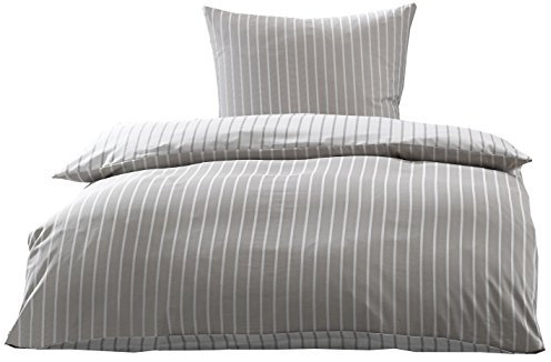 Bettwaesche-mit-Stil Mako Satin Damast Streifen Wendebettwäsche (Kiesel - braun, 155cm x 200cm + 80cm x 80cm)
