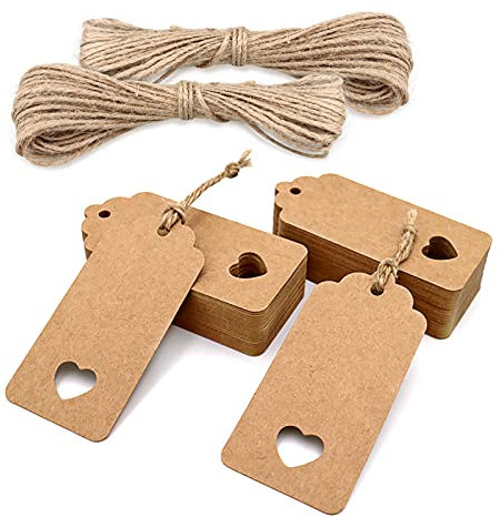 Tags,Kraft Paper Tags,100 PCS Brown Gift Tags, 4.5cm x 9.5cm Lovely Hollow Heart Wedding Favour Name Tags Card with 100 Feet Jute Twine String for Luggage and DIY Tags