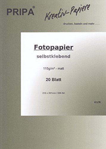 pripa 20 Blatt InkJet Fotopapier - selbstklebend - matt beschichtet - ohne Glanz - DinA4-210 x 297 mm - 115g - Tintenstrahldrucker
