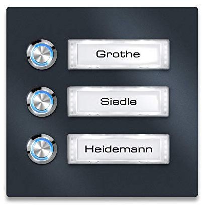 Metzler Türklingel Edelstahl Anthrazit - Namensschild austauschbar - LED-Taster - Aufputz-Montage (mit Beleuchtung, Blau)