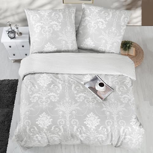 ZIVREHOME Bettwäsche Set dreiteilig, 200x220cm Bettbezug, Baumwolle, Grau, Alone V1