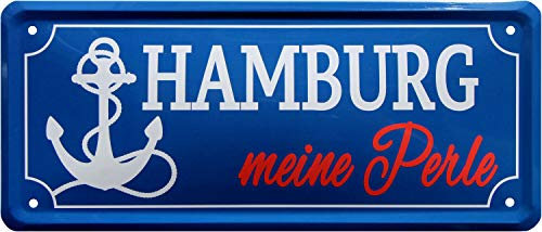 WOGEKA ART Retro Blechschild Hamburg meine Perle Stadt witziger Spruch als Geschenk-Idee zum Geburtstag Weihnachten zur Dekoration 28x12 cm Vintage-Design aus Metall 2096