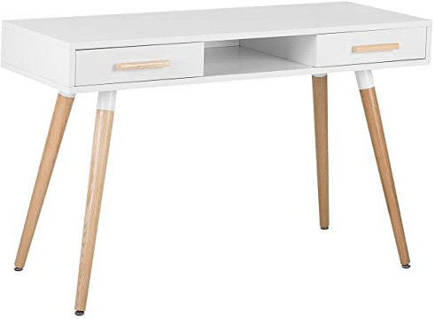 Bureau Blanc 120 x 50 cm avec 2 Tiroirs Spacieux et Pieds en Bois de Chêne de Style Scandinave pour Intérieur Moderne ou Minimaliste Beliani
