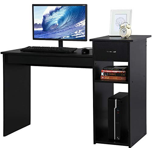 Yaheetech Mesa de Ordenador con Cajón 112x70x50cm Escritorio PC con Estanteria Mesa de Oficina Moderno para Despacho Estudio Negro Brillo