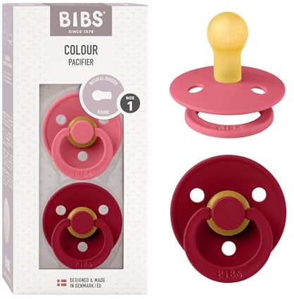 BIBS Colour Schnuller 2er-Pack, BPA-frei, Kirschform Nippel. Naturkautschuk/Latex, Hergestellt in Dänemark. Größe 1 | 0+ Monate | 2-Pack, Coral/Ruby