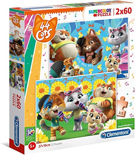Clementoni 21607 Supercolor 44 Cats – Puzzle 2 x 60 Teile ab 5 Jahren, buntes Kinderpuzzle mit besonderer Leuchtkraft & Farbintensität, Geschicklichkeitsspiel für Kinder