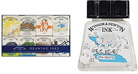 Winsor & Newton, Drawing Inks, Wiliam Collection Ink Pack Bottles,Purple/Yellow, 8 x 14 ml and 14ml Drawing Ink Bottle - White