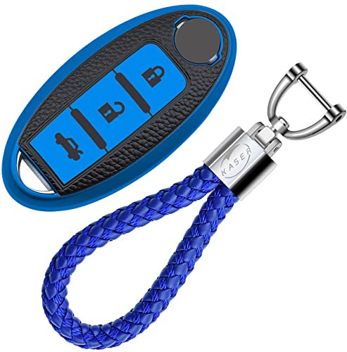 KASER Coque Clé en Silicone Compatible pour Nissan Qashqai Juke X-Trail Micra Murano Leaf Etui Porte-clés Effet Cuir Protection Télécommande Voiture Keyless (Bleu)