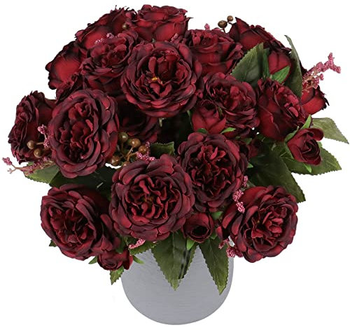 Pusuny 4 fasci di peonie artificiali, peonie finte bordeaux per la decorazione della casa e bouquet da sposa, fiori di peonia finti sfusi come artigianato fai da te piante finte senza vaso (rosso