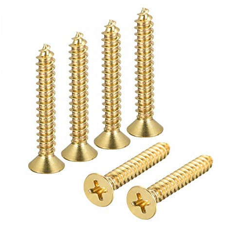 sourcing map Brass Wood Screws, M5x30mm Phillips Flat Head Self Tapping Connector for Door Hinges, Wooden Furniture, Home Appliances 6Pcs