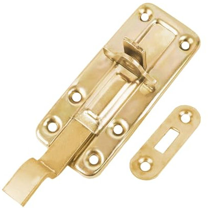 BAUSTER® Schlossriegel, Schubriegel, Türriegel Bolzenriegel Riegel Gerade, mit flachem Griff, Riegelschloss, galvanisch gelb verzinkt Platte, Schieberiegel, schiebeschloss mit riegel Bolzen Gebogen