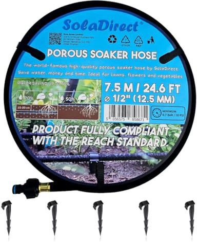 SolaDirect Soaker Hose, Porous Pipe, 7.5 m / 24.6 ft Long with Connectors, Reach Compliant, Water Saving up to 70%, Perfect for Lawns, Flowerbeds, Vegetable Gardens and Greenhouses + 5 Ground Pegs