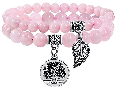 Farfume Chakra Armband Echte Steine, Echte Steine-Edelsteine Armband fur Damen (Rosenquarz und Baum des Lebens)