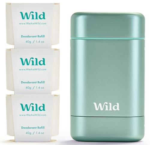 Wild - Natural Refillable Deodorant - Aluminium Free - Aqua Case with 3 x Fresh Cotton & Sea Salt Refill (40g) - Vegan & Eco-Friendly - Long Lasting Protection - Natural Ingredients - Starter Kit