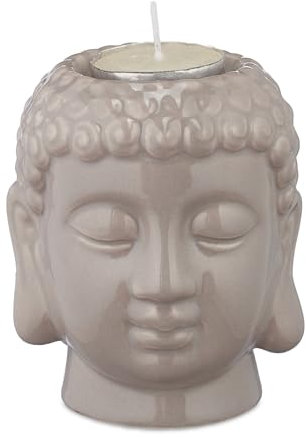 Relaxdays Buddha Teelichthalter, Keramik, Buddha-Kopf für Teelicht, Zen-Deko für Wohnzimmer & Bad, Feng Shui Deko, grau, 1 Stück