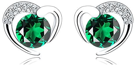 Silver Stud Earrings for Women, Stud Earrings Green Cubic Zirconia Heart Studs│Dainty Earrings Jewellery Gifts for Girls