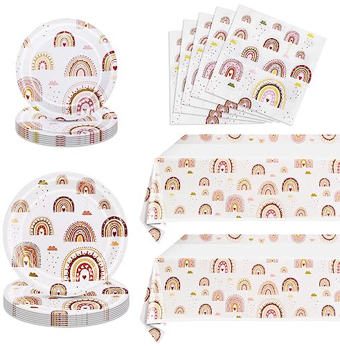 62 Pcs Boho Rainbow Party Supplies Boho Rainbow Baby Shower Tableware Set Including Paper Plates Napkins Tablecloth for Girls Kids Groovy Boho Birthday Party Baby Shower Decorations | Serve 20