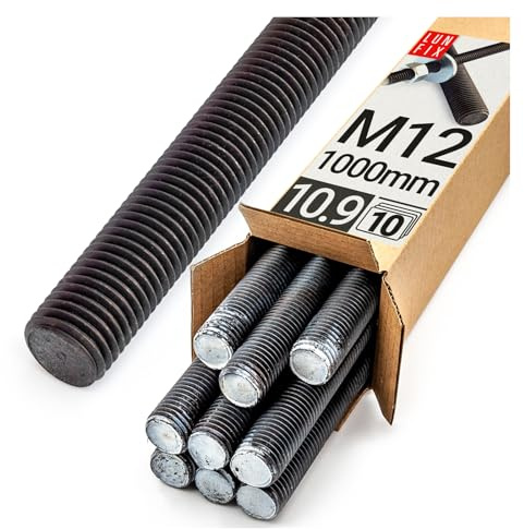 Lun Fix Tige filetée Lot de 10, M12 x 1000 mm, Acier galvanisé 10.9 | DIN 976, Filetage métrique, Goujon fileté, Vis longue, Fixation industrielle, Montage métal
