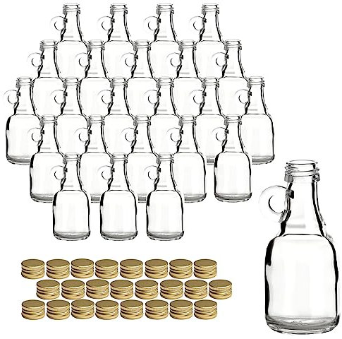 gouveo Lot de 24 bouteilles en verre de 50 ml avec anse et bouchon à vis – Mini bouteilles à remplir – Pour liqueur, eau-de-vie, huile (HF050SG)