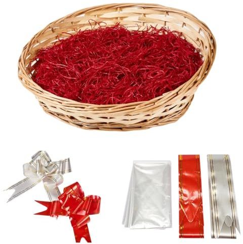 ADEPTNA Premium Wicker Gift Hamper Basket Kit Create Your Own Festive Present – Includes Cellophane Bag Ribbon and Wood Wool (NATURAL)