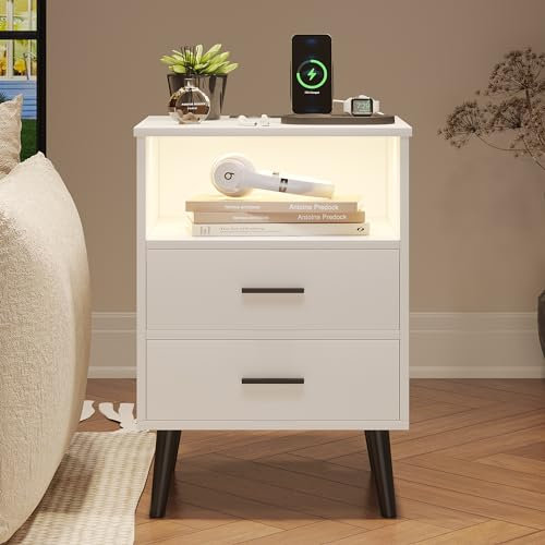 Vlsrka LED Nachttisch mit Geheimfach, Nachttisch mit Ladefunktion, Modern Nachttische mit Versteck und 2 Schubladen, Nachttische Holz für Schlafzimmer, Kabelloses Laden, 3 Farben Licht, Weiß