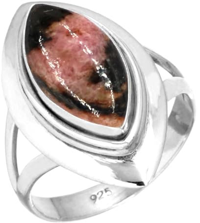 Jeweloporium 925 Silber Ringe für Frauen Natürlich Rosa Rhodonit in schwarzem Mangan Edelstein Mode Silber Ringe Größe 52(16.6) Muttertag Geschenk Boho Schmuck