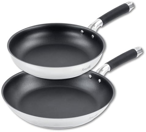 Scoville Steellux Stainless Steel Frying Pan Set, Set of Non Stick Frying Pans, 24 & 28cm Pans, Rapid Heat Distribution, Ergonomic Handles, Dishwasher Safe, PFOA Free, Non Toxic, Silver