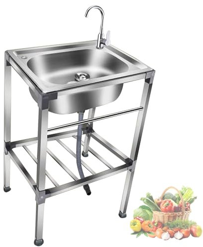 Edelstahl Spültisch, Mobiles Waschbecken,Freistehendes Einzelbecken-Küchenspülbecken mit Heißem und kaltem Wasserhahn, Gewerbliche Spüle für Garten, Garage, Waschküche, Restaurant im Freien (Size :
