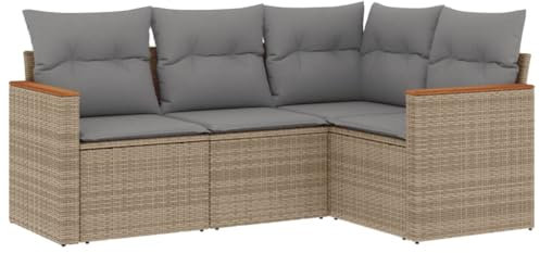 vidaXL Garten Sofagarnitur mit Kissen 4-TLG., Gartenmöbel Gartengarnitur, Sitzgruppe Sitzgarnitur, Lounge Sofa Garnitur Terrasse, Beigemischung Poly Rattan