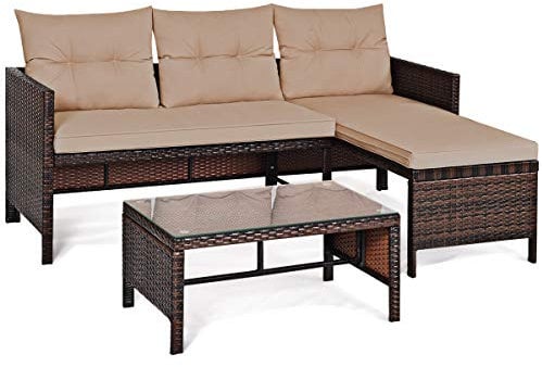COSTWAY 3PCS Rattan Garden Furniture Set, Outdoor L-Shaped Corner Sofa Set with Chaise Lounge, Glass Coffee Table and Cushions, All-Weather Wicker Sectional Table Chairs for Deck Poolside (Beige)