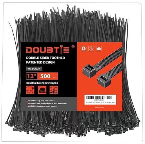 Kabelbinder 30,5 cm, doppelseitig gezahnt, patentiertes Design, 25 kg Zugfestigkeit, robuste Drahtbinder, Nylon, PA66, UV-beständig, schwarz, für den Innen- und Außenbereich, 500 Stück