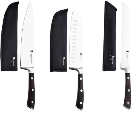 MasterPRO by Carlo Cracco - Set Coltelli da Cucina 3pz, acciaio inossidabile di altissima qualità, doppia forgiatura, impugnatura in Pakkawood, con coprilama