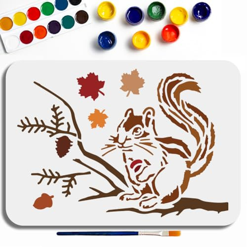 MAYJOYDIY Eichhörnchen Zweig Schablone 29.7×21 cm Große Herbst Ahornblätter Und Tannenzapfen Vorlage Mit Pinsel Waldtier Baumast Schablone Für Holz Stoff Wände Fenster Erntedankfest DIY Basteln