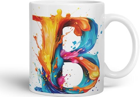 Vixar Letter B Mug, Alphabet Letter B Monogram Watercolour Ceramic Coloured Mug Cup for Tea Coffee Hot Brew 330ml 11Oz Gift (White)