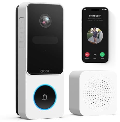 AOSU Kabellose Türklingel mit Kamera Kabellose, 2K HD Smarte Video-Türklingel mit Klingel, 170° von Kopf bis Fuß im Blick, PIR Personenerkennung und Paketdetektion, 2,4 GHz WLAN, Arbeiten mit Alexa