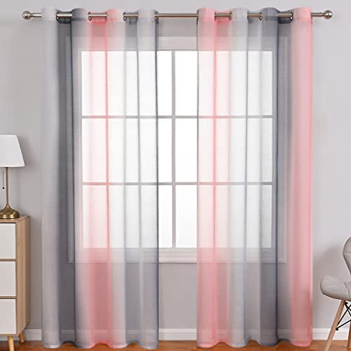 Lsimeru Gardine Farbverlauf Transparent Rosa Grau Kinderzimmer Mädchen Jungen 2er Pack Regenbogen Sheer Vorhänge Durchsichtig Ösenvorhang Kindervorhänge Babyzimmer,140x160