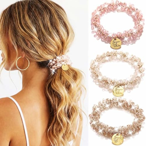 Reaky Haargummis mit Strasssteinen, elastischer Pferdeschwanzhalter, schwarze Haargummis mit Perlen, 3 Stück, dehnbare Haarbänder, Haar-Accessoires für Damen (Rosa)