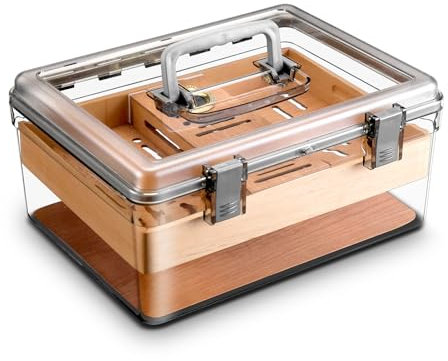 CIGARLOONG Humidor aus Acryl mit Hygrometer, Luftbefeuchter und Tablett aus Zedernholz, modern, transparent, mit Griff, Geschenk für Herren (mittel)