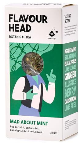 Flavour Head Mad About Mint I Peppermint, Spearmint, Eucalyptus, Lime Leaves I 15 Tea Bags, 37.5g