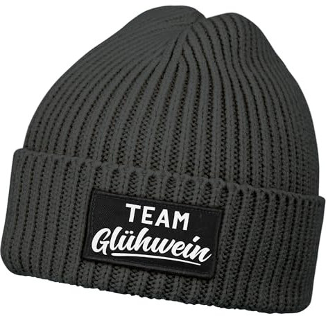MoonWorks® Damen Beanie mit Patch Strickmütze mit Spruch Team Glühwein Aufdruck Lustig Damenmütze Dunkelgrau Unisize