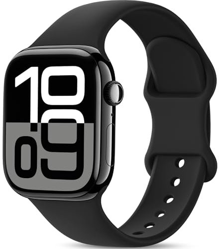 AMSKY Silikon Sport Armbänder Kompatibel mit Apple Watch Armband 40mm 42mm 46mm 44mm 45mm 41mm 38mm, Damen Herren Weiche Wasserdicht Gummi Band für iWatch Series 10 9 8 7 6 5 4 3 2 1 Se, Schwarz