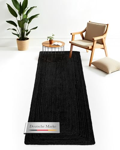 carpetfine Juteteppich Nele Läufer Brücke Anthrazit handgewebt aus Jute 80x400 cm | Moderner Naturfaserteppich im Boho Style für Küche, Flur und Brücke