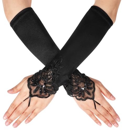 Piriuuo Lange Spitze Opernhandschuhe, Damen Satin Fingerlose Handschuhe Cosplay Handschuhe Retro Opera Handschuhe mit Fingerschlaufen 1920 Handschuhe Schwarze Spitze Handschuhe für Hochzeit, Party