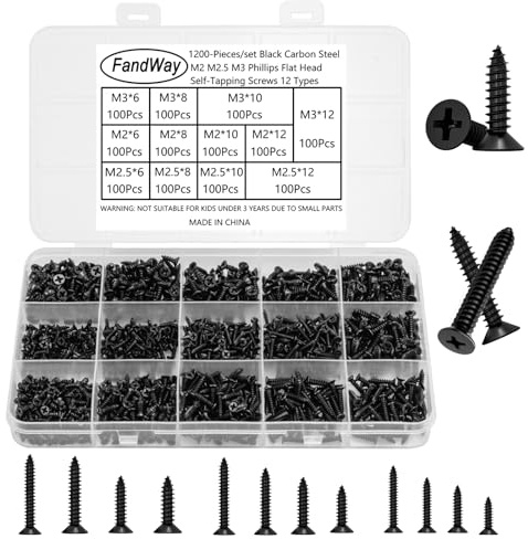 1200 Pièces Petites Vis Autotaraudeuses Tête Fraisée Noir M2 M2.5 M3 Mini Vis à Bois Tête Plate Cruciforme,Tôle Autoperceuses Pour Plastique Bois Devoirs DIY.