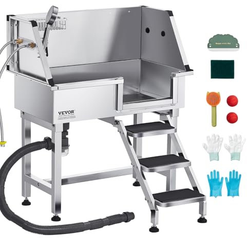 VEVOR Hundewaschstation aus Edelstahl, 870x488x1025 mm Tierpflegewanne mit Ablagetreppe, Wasserhahn, Duschkopf & Seifenhalter, Hundebadewanne, für mittelgroße & kleine Haustiere (rechte Tür)