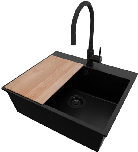 PRIMAGRAN Evier Cuisine en Granit Tout Noir 58x50cm, Lavabo 1 bac + Robinet 40x38cm + Set d’accessoires, Évier à Encastrer al mueble 60cm - Riga S207