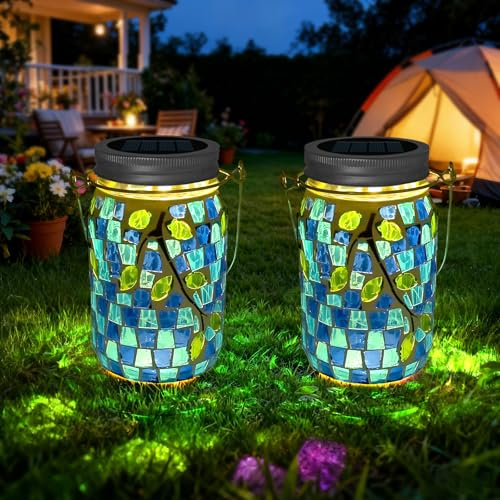 TOTHDATE 2PCS Solar Mosaik Leuchte für Außen, On/Off Glas Mosaik Hängend Licht Solarlaterne Tischleuchte IP65 Wasserdicht für Rasen Pfad Hof Deck Boden Teich, Blatt Mosaik